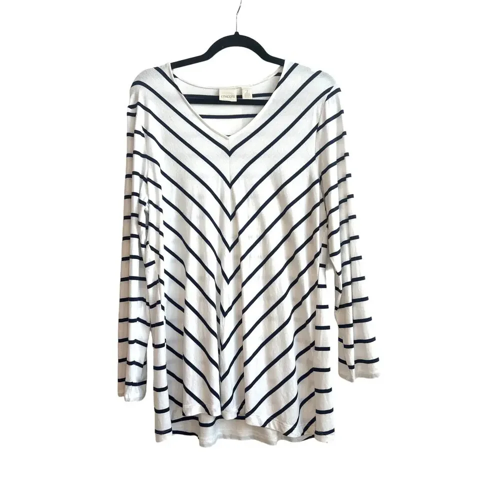 Chico’s Lightweight White with Dark Navy Blue V-Shape Stripes Top - Picture 1 of 8